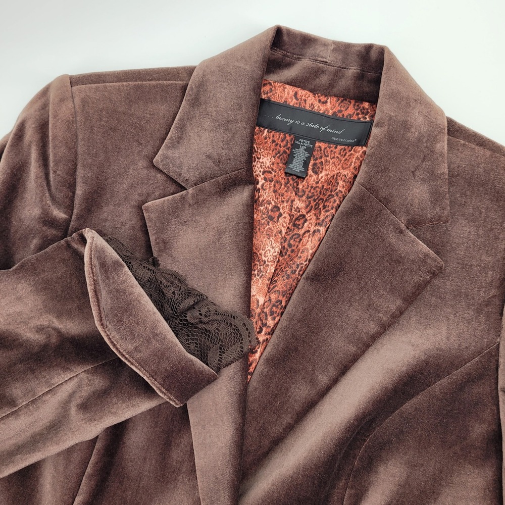 Apostrophe Brown Velvet Lace Trim Blazer Leopard Lining Goth Coquette Luxe 12P